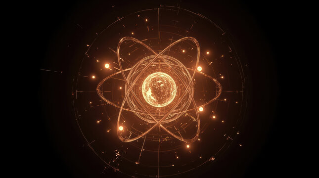 Glowing atomic model with orbiting particles creating futuristic scientific design