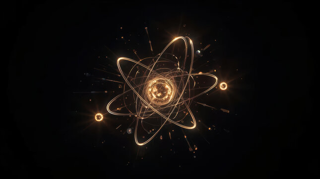 Glowing atomic model with orbiting particle and radiant energy on black background