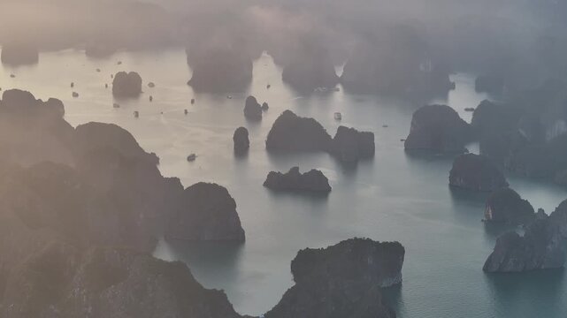 Aerial view of the natural scenery of the karst peaks and forests in Ha Long Bay, Vietnam