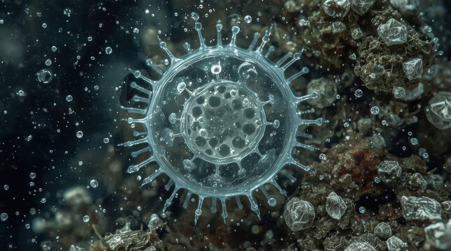 Microscopic amoeba cell surrounded by mineral crystal in dark water
