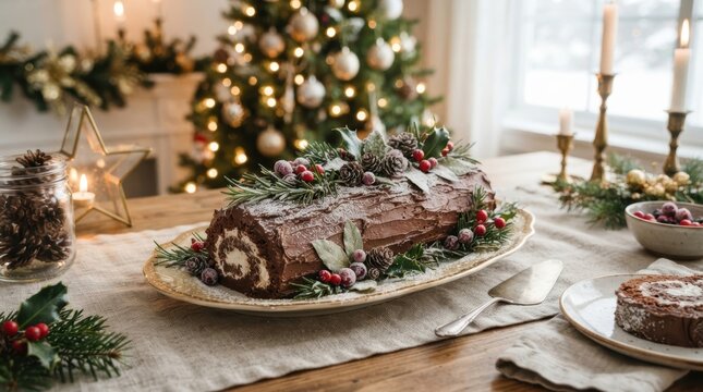 Festive chocolate yule log cake decorated with pine cones and berries for Christmas