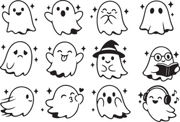 Fototapeta premium Cute ghost character icon set with funny Halloween ghosts, magical costumes and spooky cartoon vector clipart designs.