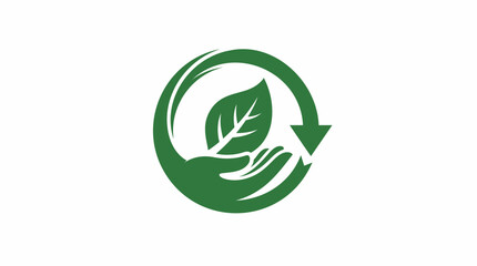 Fototapeta premium Green recycling logo with hand and leaf, circular eco-friendly symbol for sustainability, environmental conservation vector icon for organic branding