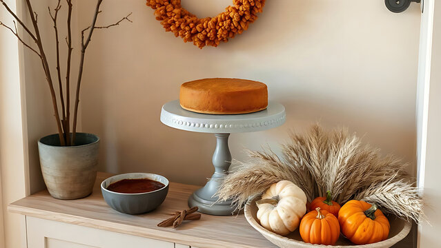 Pumpkin pie on cake stand with cranberry sauce and autumn centerpiece, fall display concept