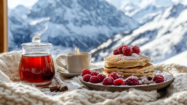 Cozy Breakfast With Pancakes And Raspberries At A Mountain Cabin Window With A Snow View Outdoors