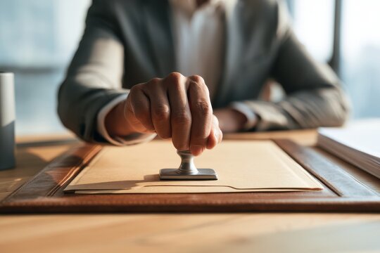A business professional stamping a legal document at a wooden desk in a bright office. This image represents official approval, authorization, and corporate contract management.