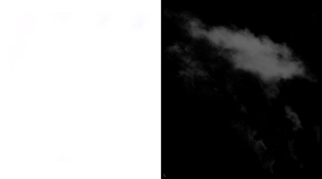 Realistic white cloud alpha channel on black background, transparent sky texture for compositing, fluffy cumulus cloud overlay for digital art