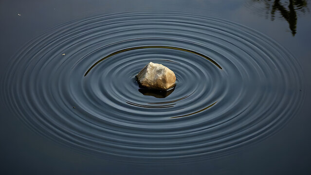 Small stone sending ripples across dark pond, repercussion and consequence concept