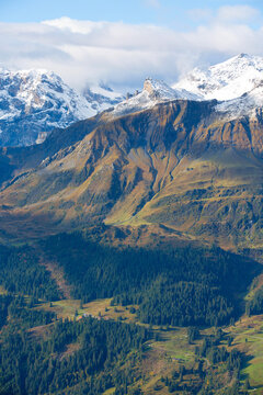 Schilthorn Birg Lauterbrunnen Bernese Oberland Swiss Alps Switzerland snow covered mountain peaks and observatory