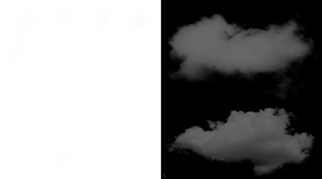 Realistic white clouds on black background, fluffy cumulus cloud alpha channel textures, isolated atmospheric vapor elements for compositing