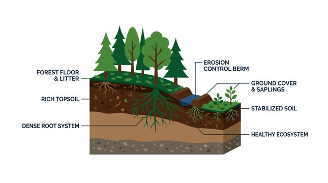 Forest Ecosystem Cross-Section: Soil Layers, Roots, and Erosion Control