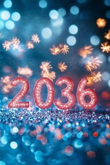 Naklejka premium Celebratory 2036 Date Rendered with Golden Sparkling Fireworks on a Glittery Night Sky Background