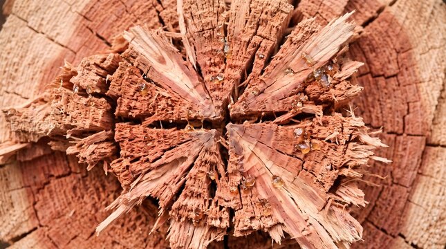Cracked cross section brown tree trunk showing detailed organic fiber texture macro photography outdoor wood material
