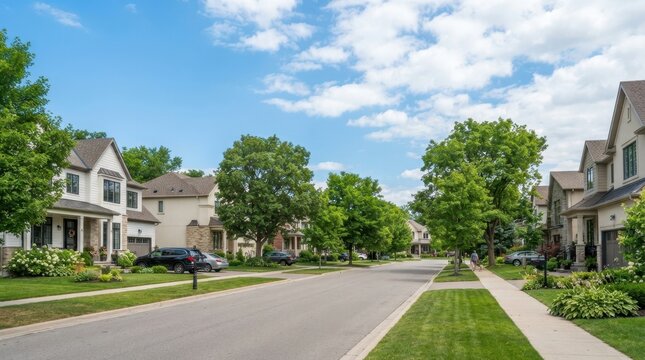 Beautiful suburban street lined with modern houses and lush green trees on a sunny day