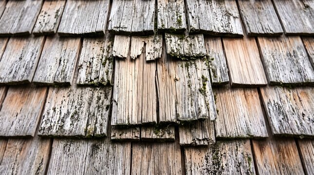 Weathered cedar wood shingles covering rustic roof structure captured in detailed macro close-up view displaying grey texture