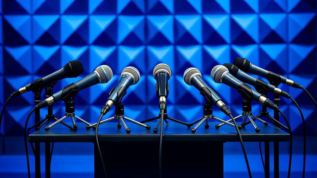 Multiple microphones arranged for a professional press conference