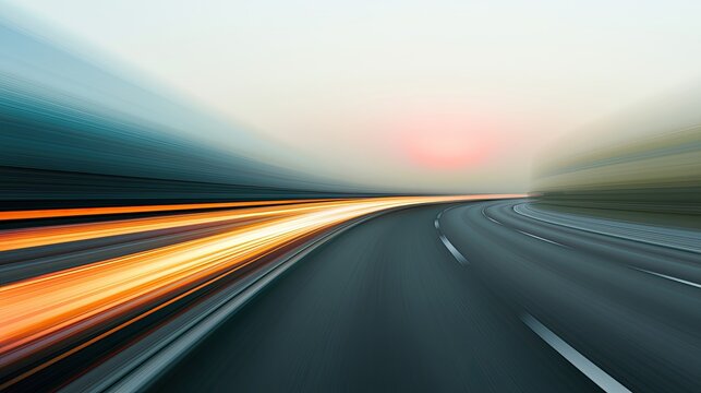 Motion blur on a highway at sunset, streaks of light indicate rapid movement