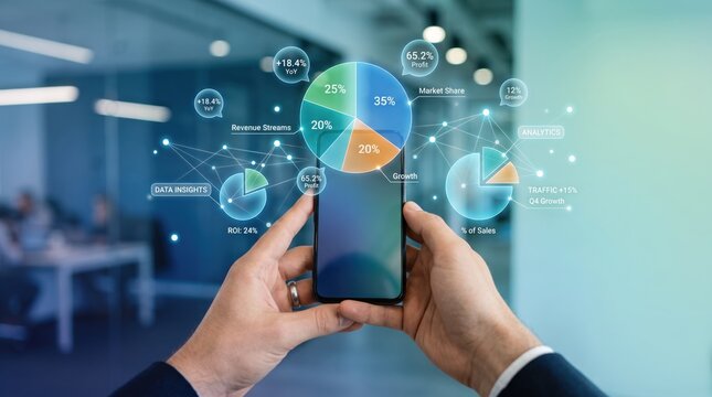 Hands holding smartphone displaying augmented reality business analytics dashboard, floating pie charts and graphs showing ROI and profit growth, mobile marketing data