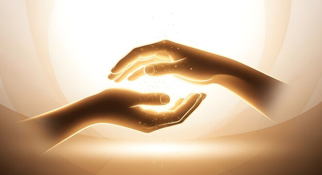 Cupped hands holding light with golden glow illustration of care and connection