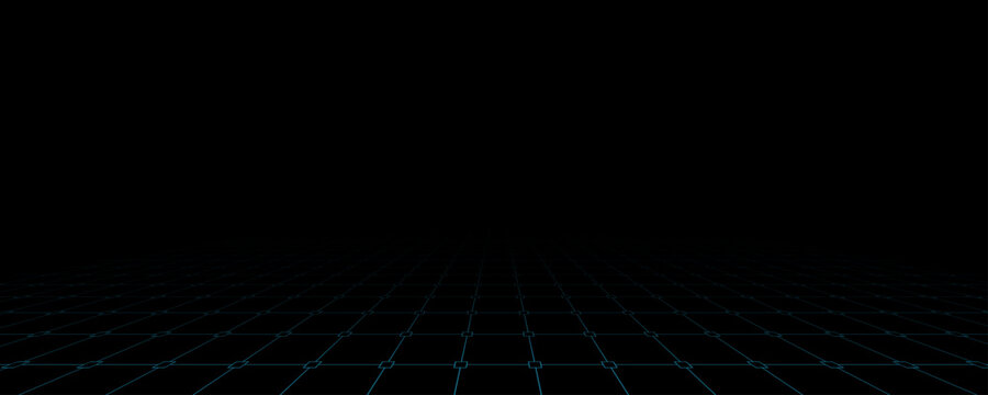 Digital cyan perspective grid on black backdrop with receding geometric lines and small square nodes creating a futuristic HUD tech floor or cyber space concept for UI or game interface design. Vector