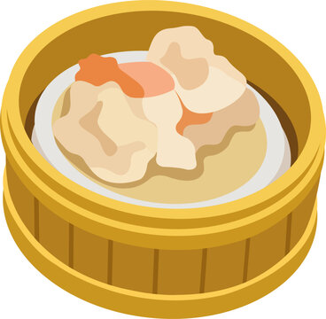 Flat vector illustration of steamed shrimp shumai dimsum in a bamboo steamer