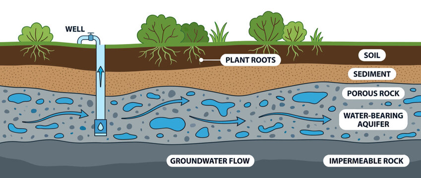 Cross-section of groundwater flow with well and aquifer
