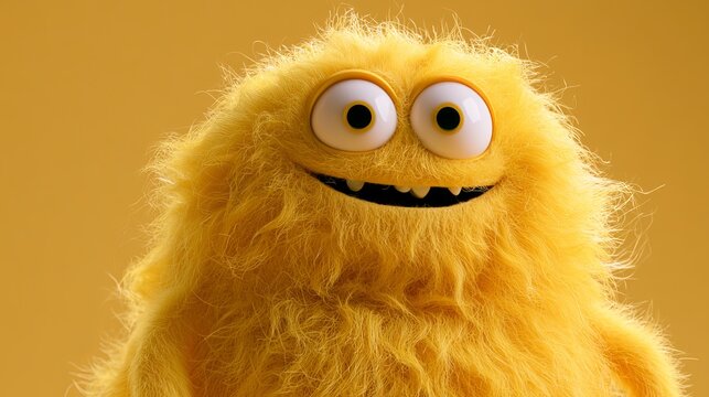 Fluffy yellow creature with large eyes smiles playfully, showcasing a vibrant, sunny aesthetic perfect for children's concept and playful design elements