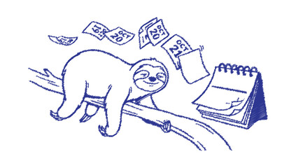Naklejka premium Sloth Hanging on Branch With Falling Calendar Pages