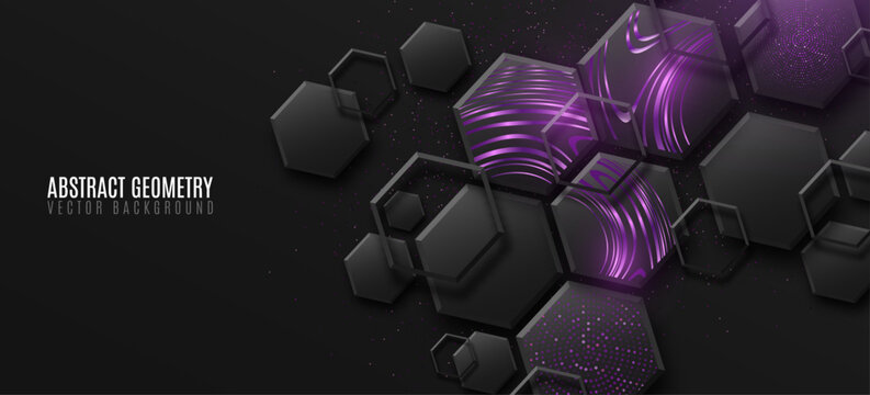 Futuristic geometry background of purple and black 3D hexagons with metallic glowing striped wavy pattern and glittering dotted texture. Greeting cards design or modern fashion banners concept. Vector