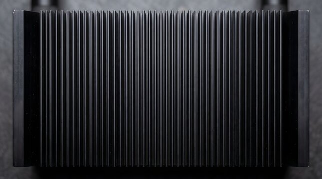 Black aluminum heat sink texture featuring parallel cooling fins for industrial electronic thermal regulation devices