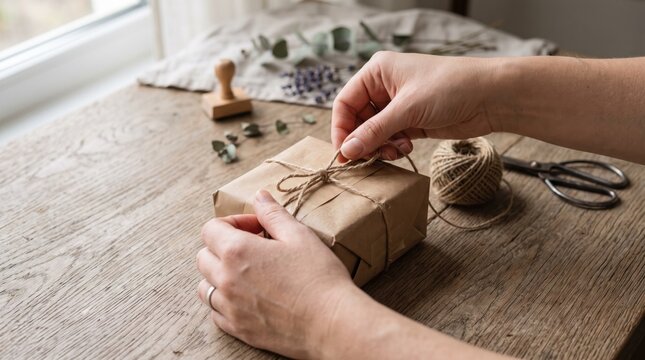 of hands wrapping a gift box with rustic brown kraft paper and tying natural jute twine bow on wooden table, diy handmade present preparation, sustainable packaging