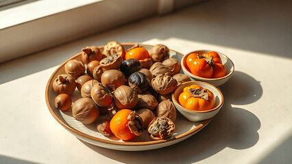 Fototapeta premium Ceramic plate of songpyeon with chestnuts, jujubes, persimmons, harvest season still life