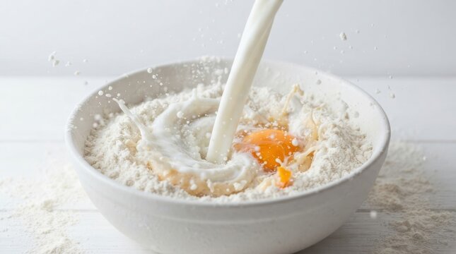 Milk pouring into bowl with flour and egg creating splash