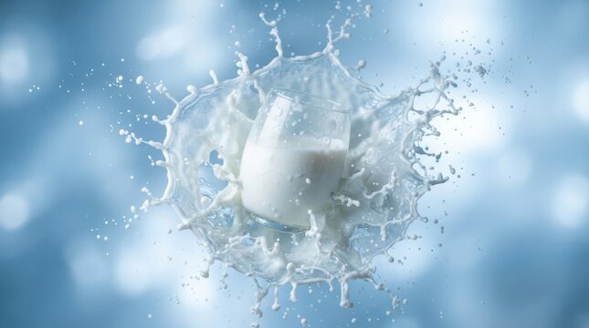 Dynamic milk splash frozen in time around a glass of white liquid