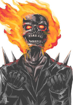Dark fantasy zombie warrior with glowing red eyes, exposed skull, fiery hair, spiked armor, and clenched fists, illustrated in a dramatic hand-drawn comic style.