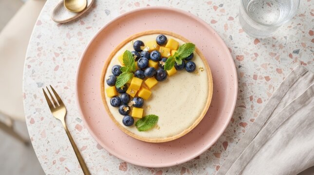 Elegant fruit tart with vanilla cream, blueberries, mango, and mint
