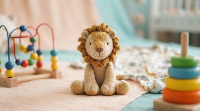 Cute plush lion toy sits among baby toys in a nursery setting