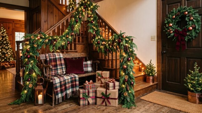Cozy Christmas staircase decorated with garlands, lights, and gifts