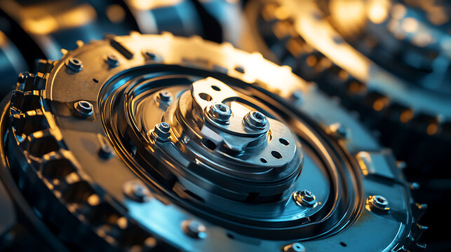 Closeup of complex machinery gears and precision mechanical components in a modern industrial setting