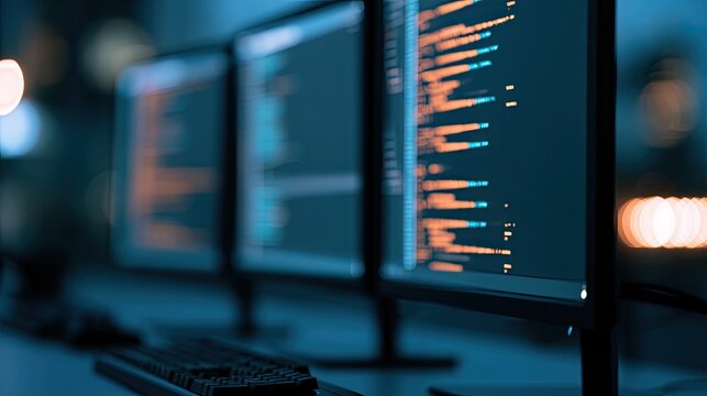 Multiple computer screens displaying scrolling lines of code in a dark, modern office