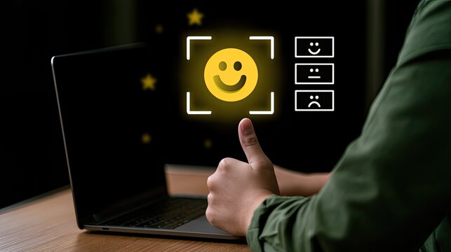 Person gives thumbs up on laptop with glowing smiley face, feedback icons