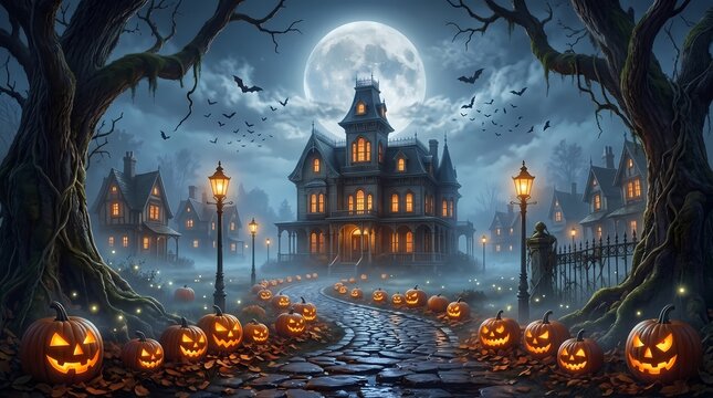 Eerie Halloween night scene with a haunted mansion under a full moon and glowing pumpkins on a winding path