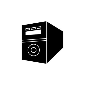 This is a minimalist vector illustration of a computer case icon, featuring a simple, clean, and solid glyph style. The icon can be used as a symbol, sign, or logo.