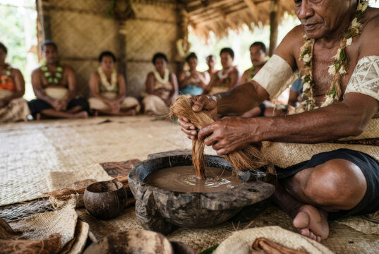 Fijian kava preparation ceremony, indigenous cultural ritual in a village, tribal community gathering.