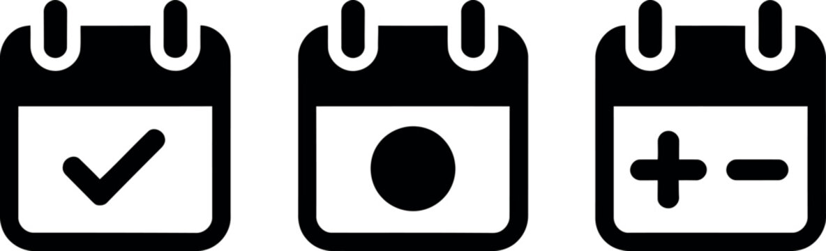 Three flat design calendar icons showing checkmark, circle, and plus minus signs