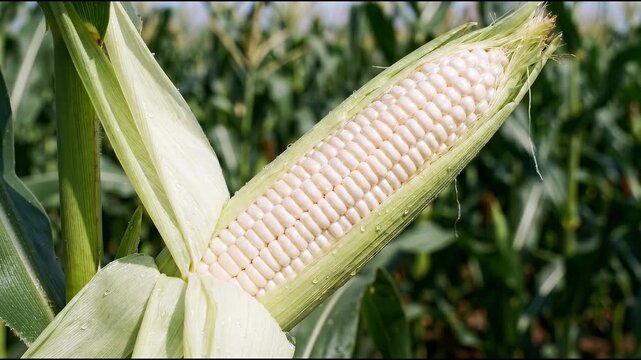 Close up of a ripe white corn cob growing in a field with green leaves.