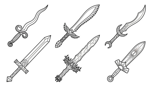 Collection of ornate fantasy swords, line art