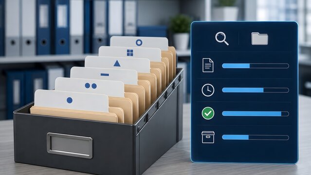 Electronic Document Management System Interface Showing Physical File Digitization Progress and Successful Secure Cloud Archiving Completion