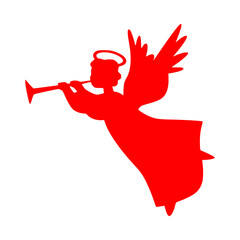 Christmas angel silhouette playing trumpet. Red religious holiday icon for festive design. © Chaker