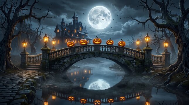 Spooky Halloween background with jack-o-lanterns on a stone bridge under a full moon